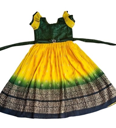 Green and yellow pattu long frocks for kids Green and yellow pattu long frocks for kids