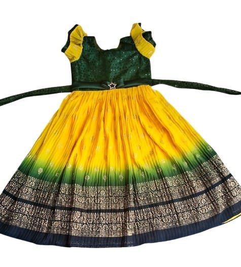 Green and yellow pattu long frocks for kids