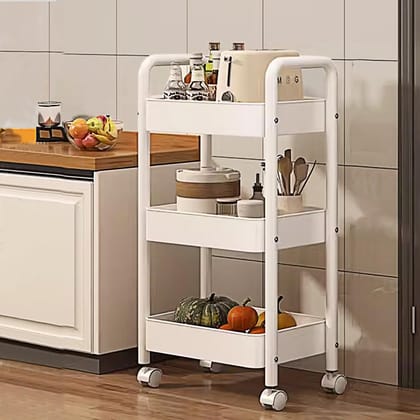 KT-W3 Kitchen Storage Rack, Steel Kitchen Trolley with Wheels, Hooks and 3-Layer Baskets, Vegetable Stand for Kitchen Organizer, Onion Potato Basket for Storage, Loading Per Layer, White