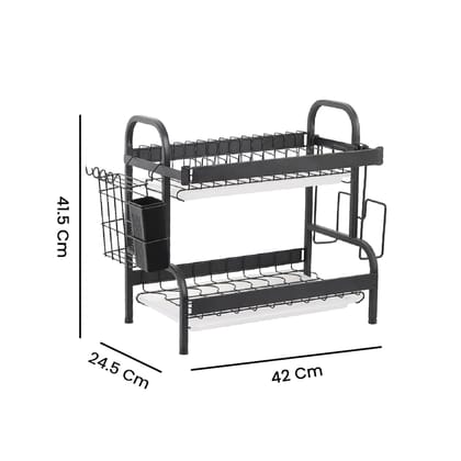 Dish Drying Rack, 2-Tier Bartan Stand/Drainer Shelf/Kitchen Organizer/Counter for Utensil Storage - (IBLDR217, Black)