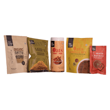 Combo of 5 |High Protein, Fiber-Rich  | Oats Chilla Premix 200 gm (1), Oats Peri Peri Chips Box 150 gm (1), Sattu Vanilla Shake 220 gm (1), Tomato Chutney Instant Mix 50 gm (1), Millet Tandoori Namkeen 50 gm (1)