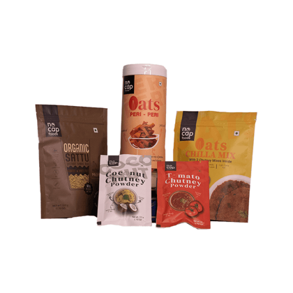Combo of 5 | High Protein, Fiber-Rich  | Oats Chilla Premix 200 gm (1), Oats Peri Peri Chips Box 150 gm (1), Sattu Coffee Hazelnut Shake 220 gm (1), Tomato Chutney Instant Mix 50 gm (1), Coconut Chutney Instant Mix 50 gm (1)