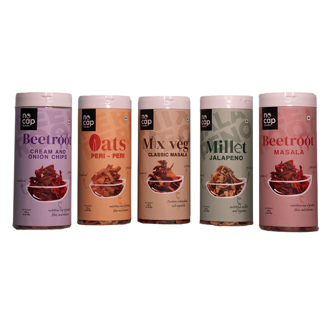 Healthy Chips Boxes Combo of 5 | Beetroot Masala Chips (1), Beetroot Cream and Onion (1), Oats Peri Peri (1), Millet Jalapeno (1), Mix Veg Classic Masala (1)