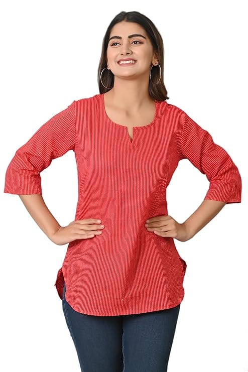 Red Handloom Cotton Striped Short Kurti with 3/4th Sleeves