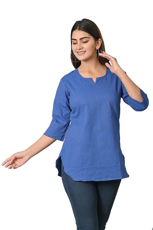 Women's Blue Striped Cotton Kurta with 3/4th Sleeves