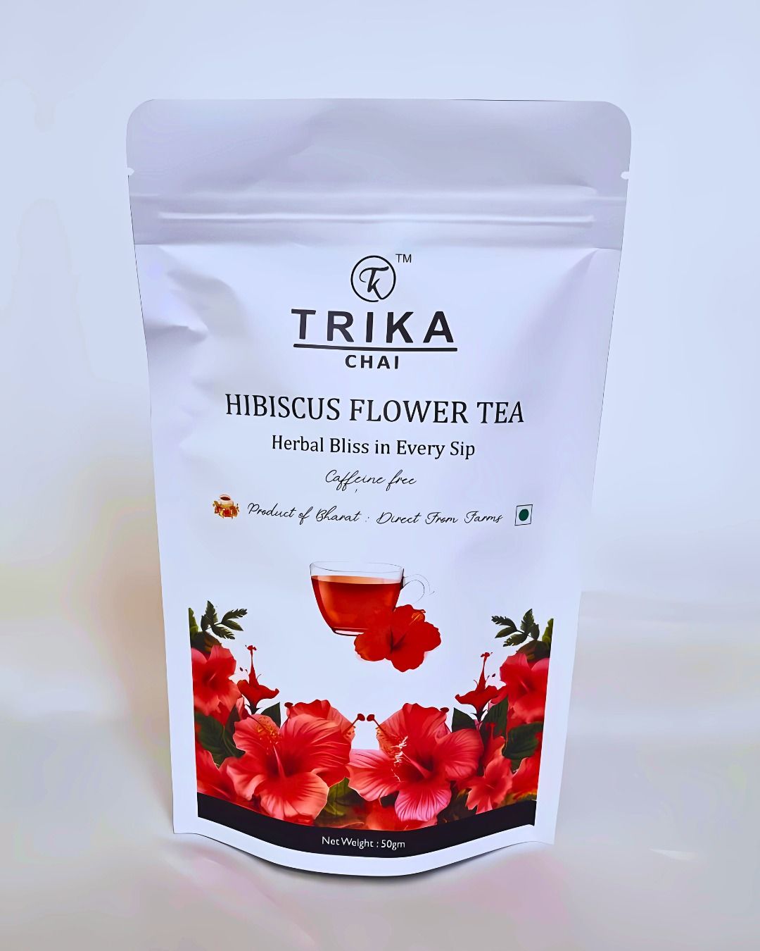 "TRIKA CHAI Hibiscus Flower Tea - Herbal Bliss in Every Sip, Caffeine-Free, Product of Bharat, Direct From Farms, 50gm"