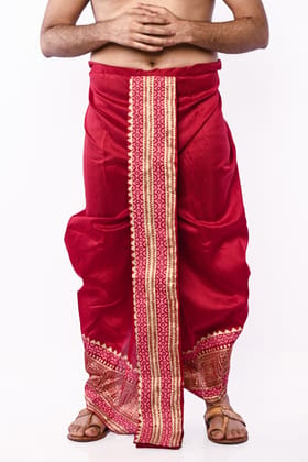Oblik's Maroon 05 Hand Block Print Dupion Silk Dhoti For Men Oblik's Maroon 05 Hand Block Print Dupion Silk Dhoti For Men