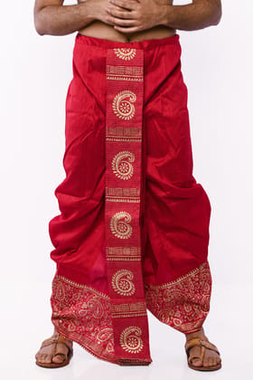Oblik's Maroon 07 Hand Block Print Dupion Silk Dhoti For Men Oblik's Maroon 07 Hand Block Print Dupion Silk Dhoti For Men