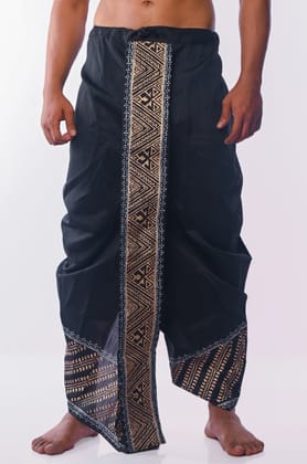 Oblik's Black 08 Hand Block Print Dupion Silk Dhoti For Men Oblik's Black 08 Hand Block Print Dupion Silk Dhoti For Men
