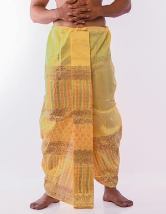 Oblik's Yellow 09 Hand Block Print Dupion Silk Dhoti For Men Oblik's Yellow 09 Hand Block Print Dupion Silk Dhoti For Men