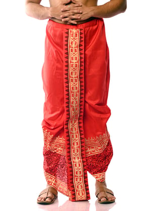 Oblik's Red 010 Hand Block Print Dupion Silk Dhoti For Men Oblik's Red 010 Hand Block Print Dupion Silk Dhoti For Men