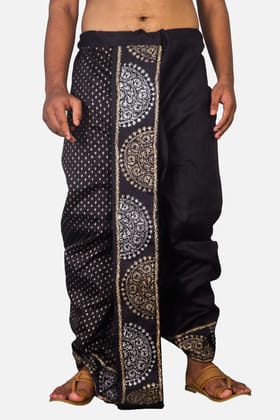 Oblik's Black 012 Hand Block Print Dupion Silk Dhoti For Men Oblik's Black 012 Hand Block Print Dupion Silk Dhoti For Men