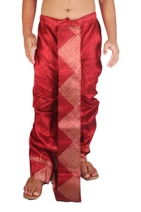 Oblik's Maroon 014 Hand Block Print Dupion Silk Dhoti For Men Oblik's Maroon 014 Hand Block Print Dupion Silk Dhoti For Men