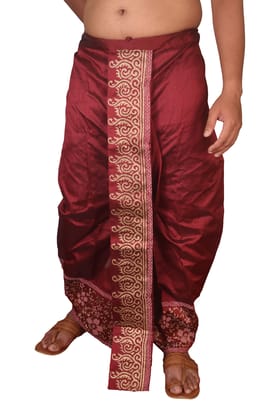 Oblik's Wine 019 Hand Block Print Dupion Silk Dhoti For Men Oblik's Wine 019 Hand Block Print Dupion Silk Dhoti For Men