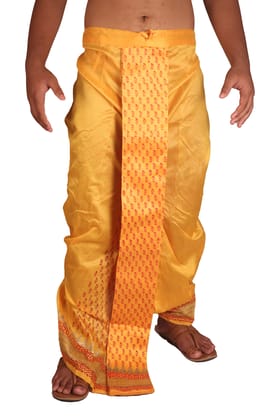 Oblik's Golden Yellow 024 Hand Block Print Dupion Silk Dhoti For Men Oblik's Golden Yellow 024 Hand Block Print Dupion Silk Dhoti For Men