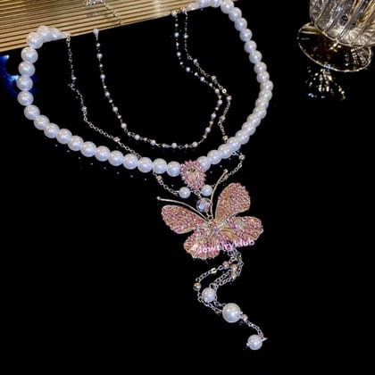 Jewelryklub Fancy Stylish Colourful Butterfly Themed Pearl Colored Stones Studded Pendant Necklace Neckchain Accessories For Everyday Wear For Women & Girls Modern Design Jewelryklub Fancy Stylish Colourful Butterfly Themed Pearl Colored Stones Studded Pendant Necklace Neckchain Accessories For Everyday Wear For Women & Girls Modern Design