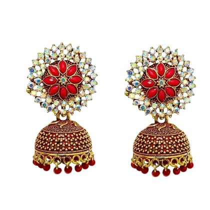 Jewelryklub Gold Plated Floral Zircon Stones Beads Traditional Jhumki Earrings For Girls And Women - Pink Jewelryklub Gold Plated Floral Zircon Stones Beads Traditional Jhumki Earrings For Girls And Women - Pink