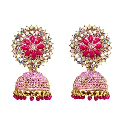 Jewelryklub Gold Plated Floral Zircon Stones Beads Traditional Jhumki Earrings For Girls And Women - Dark Pink Jewelryklub Gold Plated Floral Zircon Stones Beads Traditional Jhumki Earrings For Girls And Women - Dark Pink