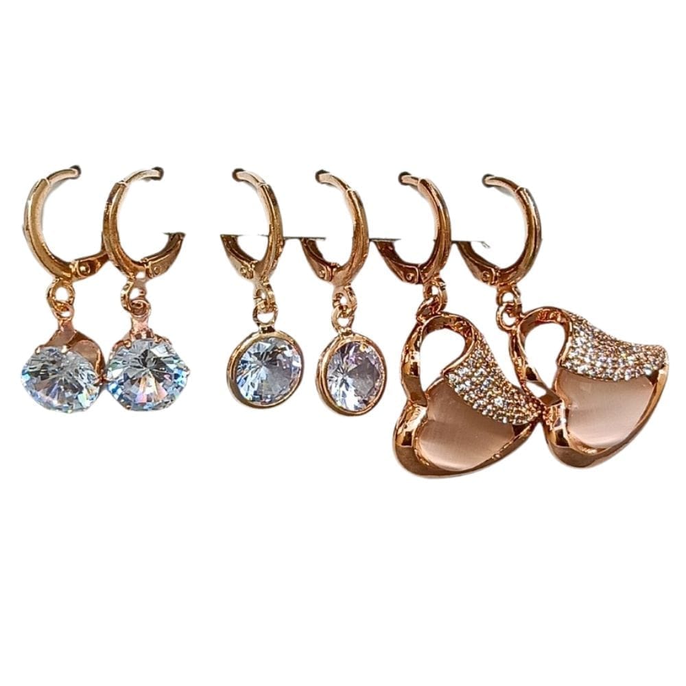 Jewelryklub Combo Of 3 Pairs Rose Gold Plated Zircon Studded AD Earrings For Girls Women Design 7