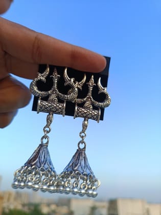Jewelryklub Oxidised Silver Jhumka Earrings For Girls And Women Shiva Trishul Design Jewelryklub Oxidised Silver Jhumka Earrings For Girls And Women Shiva Trishul Design