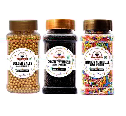 foodfrillz Golden Balls (125 g), Chocolate Vermicelli Strands (100 g) and Rainbow Strands (100 g) Sugar Sprinkles for cake decoration, 325 g, Pack of 3