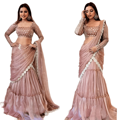Pink Indian Wedding PartyWear Lehenga Saree Ready To Wear With Stitched Blouse Readymade