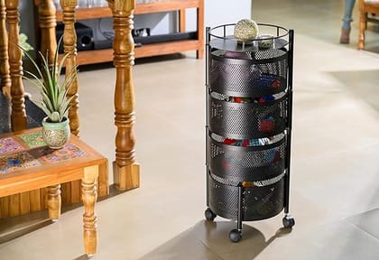 Iron Kitchen Trolley with Wheels, Kitchen Organizer Items and Storage Solutions Round Kitchen Organizer and Kitchen Accessories Items (Black, Layer 4) (Round, 4 Layer)