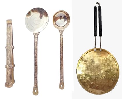 Mii Art Pure Brass tawa tong and 2 type Spoon for Cooking & Serving Kitchen Tools, Salad Spoon, Flip Spatula, Ladle, Brass Utensils(size-43cm) Pack of 4 pcs. Mii Art Pure Brass tawa tong and 2 type Spoon for Cooking & Serving Kitchen Tools, Salad Spoon, Flip Spatula, Ladle, Brass Utensils(size-43cm) Pack of 4 pcs.