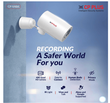CP PLUS 4MP QHD Wi-fi Outdoor Bullet Security Camera | 180 Degree with Tilt | Two Way Talk | Human Motion Detection | Night Vision | Supports SD Card (Up to 128 GB) | Alexa & OK Google - CP-V48A CP PLUS 4MP QHD Wi-fi Outdoor Bullet Security Camera | 180 Degree with Tilt | Two Way Talk | Human Motion Detection | Night Vision | Supports SD Card (Up to 128 GB) | Alexa & OK Google - CP-V48A