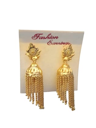 Golden Jhumka Earrings with Intricate Carvings and Delicate Chain Tassels Golden Jhumka Earrings with Intricate Carvings and Delicate Chain Tassels