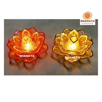 SHANAYA (2 Pieces) Flameless and Smokeless Decorative Lotus Flower Shape Crystal Transparent Acrylic Led Lamp Light for Diwali, Birthday, Anniversary, Deepwali, New Year Decoration