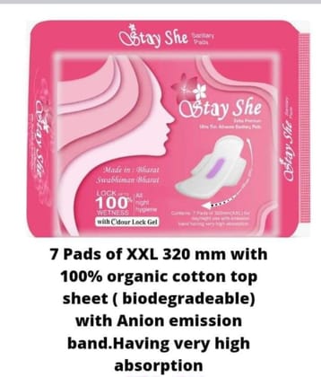 Stay She Ultra Thin Advance Sanitary Pads with Anion Emission Band - 7 Pads of XXL 320mm with 100% Organic Cotton Top Sheet (Biodegradable) Stay She Ultra Thin Advance Sanitary Pads with Anion Emission Band - 7 Pads of XXL 320mm with 100% Organic Cotton Top Sheet (Biodegradable)