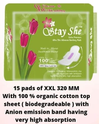 Stay She Extra Premium Ultra Thin Advance Sanitary Pads with 100% Organic Cotton Top Sheet (Biodegradable) and Anion Emission Band (Pack of 2 ) Stay She Extra Premium Ultra Thin Advance Sanitary Pads with 100% Organic Cotton Top Sheet (Biodegradable) and Anion Emission Band (Pack of 2 )