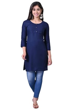 Women's Navy Blue Solid Straight Kurta with 3/4th Sleeves Women's Navy Blue Solid Straight Kurta with 3/4th Sleeves