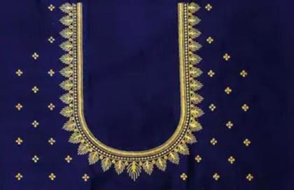 Navy Blue Golden embroidery work blouse design -Un Stiched Blouse - 1 Meter