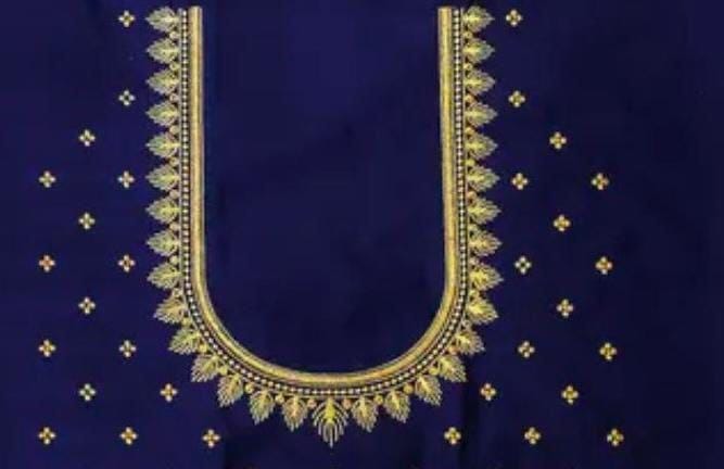 Navy Blue Golden embroidery work blouse design -Un Stiched Blouse - 1 Meter