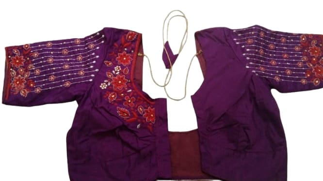 Embroidered purple silk readymade blouse