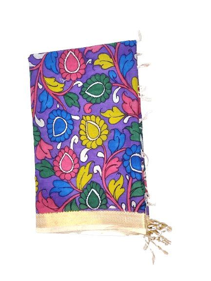 Purple Floral Chunni with Kalamkari Paintings
