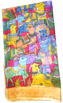 Kalamkari hand-painted silk saree featuring Lord Krishna