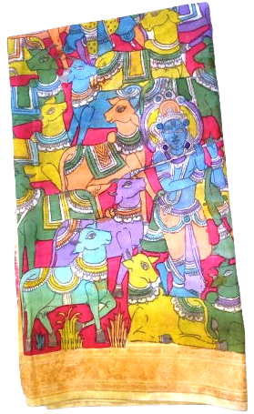 Kalamkari hand-painted silk saree featuring Lord Krishna