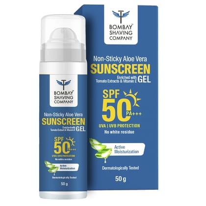  Non-Sticky Sunscreen Gel with Aloe Vera Extracts & Vitamin E - SPF 50 PA+++ UVA/UVB Protection, No White Residue, Active Moisturization, Dermatologically Tested, 50g