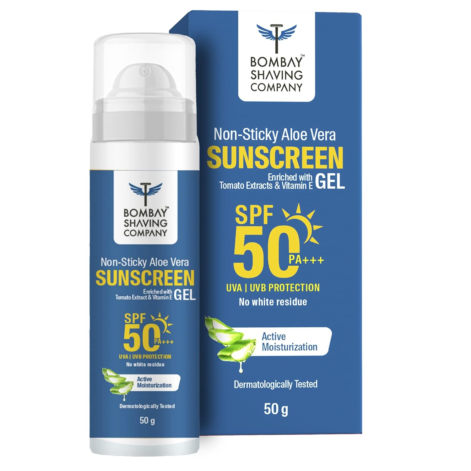  Non-Sticky Sunscreen Gel with Aloe Vera Extracts & Vitamin E - SPF 50 PA+++ UVA/UVB Protection, No White Residue, Active Moisturization, Dermatologically Tested, 50g