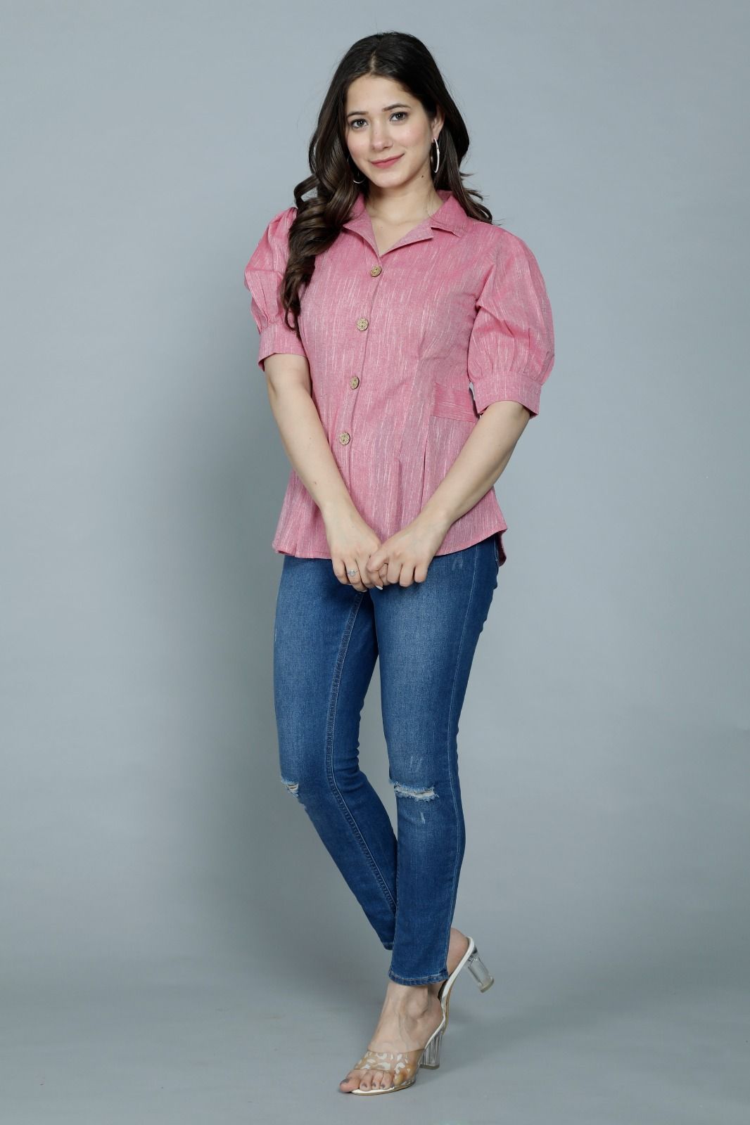 Women's Casual Solid Pink Shirt With Puff Sleeves