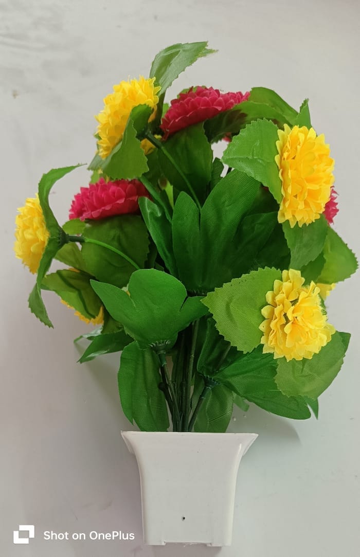 Artificial Flower Bouquet - Yellow & Red Blooms in White Pot