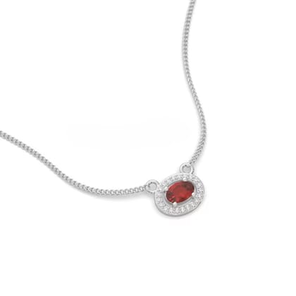  Sterling Silver Necklace with Red Garnet Center Stone Surrounded by Cubic Zirconia Stones