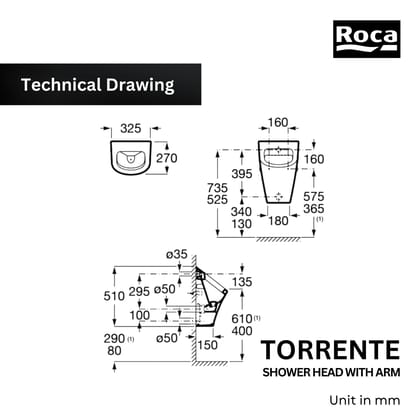 ROCA Torrente 80mm Overhead Shower with Arm | With rain shower function | Chrome Finish | RF18600A1