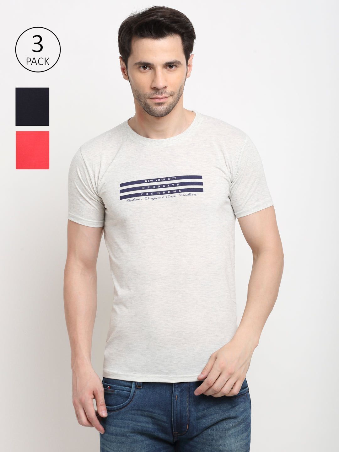 Rodamo Men Red, Navy & Grey Pack of 3 Solid Cotton Lounge Tshirts