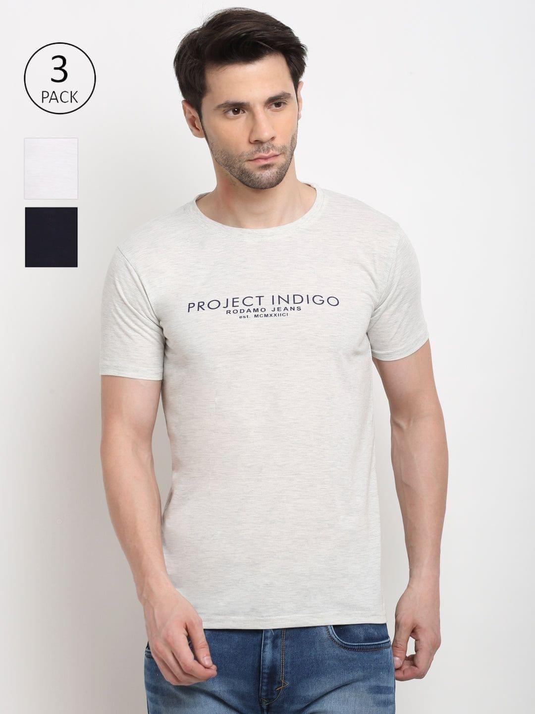 Rodamo Men White, Grey & Navy Pack of 3 Solid Cotton Lounge Tshirts