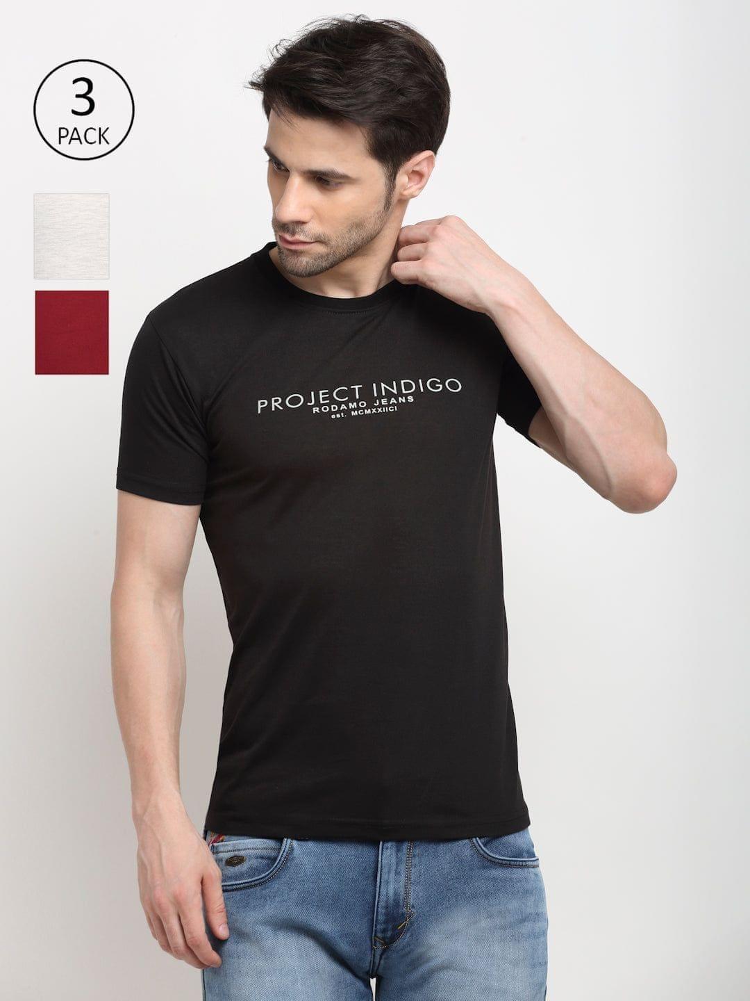 Rodamo Men Black, Grey & Maroon Pack of 3 Solid Cotton Lounge Tshirts