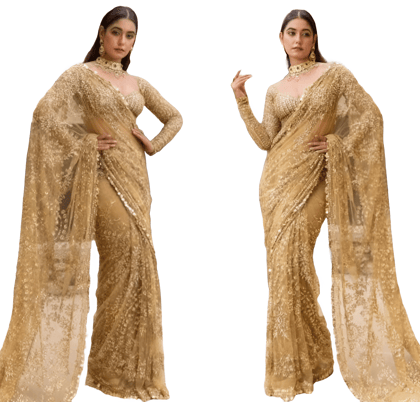 Gold Brown Readymade Designer Partywear sarees with stitched blouse New Ready To Wear Wedding Saree